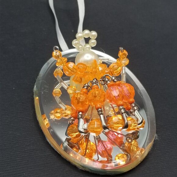 Vintage Beaded Angel Ornament Mirror 3" Bright Orange Pearl Handmade Safety Pins - Picture 4 of 5
